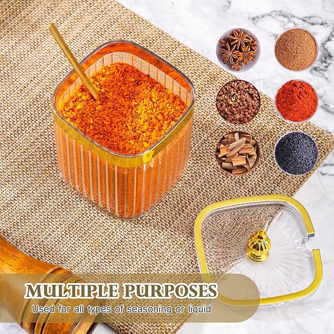 4 Pack Clear Condiment Spice Jars with Lids, Spoons, Tray - Plastic Seasoning Box Set for Salt, Pepper, Sugar - Kitchen Storage