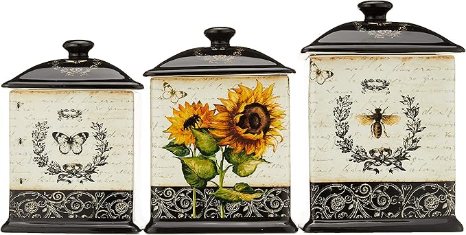 Certified International French Sunflowers Canister Set, Set of 3 Ceramic Kitchen Storage Jars with Lids, Vintage Sunflower Decor, Floral Bee Butterfly Design, 56/60/96 oz