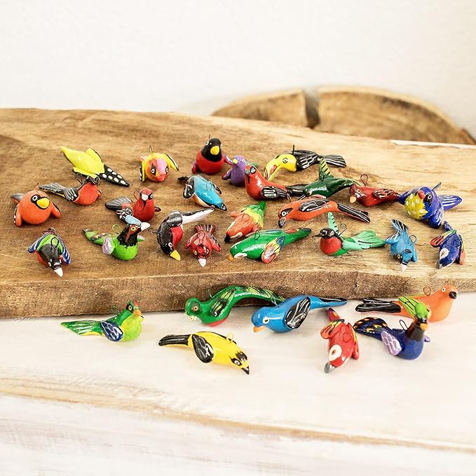 NOVICA Artisan Handcrafted Ceramic Mini Ornaments Bird Set of 30 Assorted Multicolor Guatemala Holiday Decor Animal Themed Christmas Painted [largest Piece 1.1in H x 1.3in W x 2.7in D Smallest Piece ]