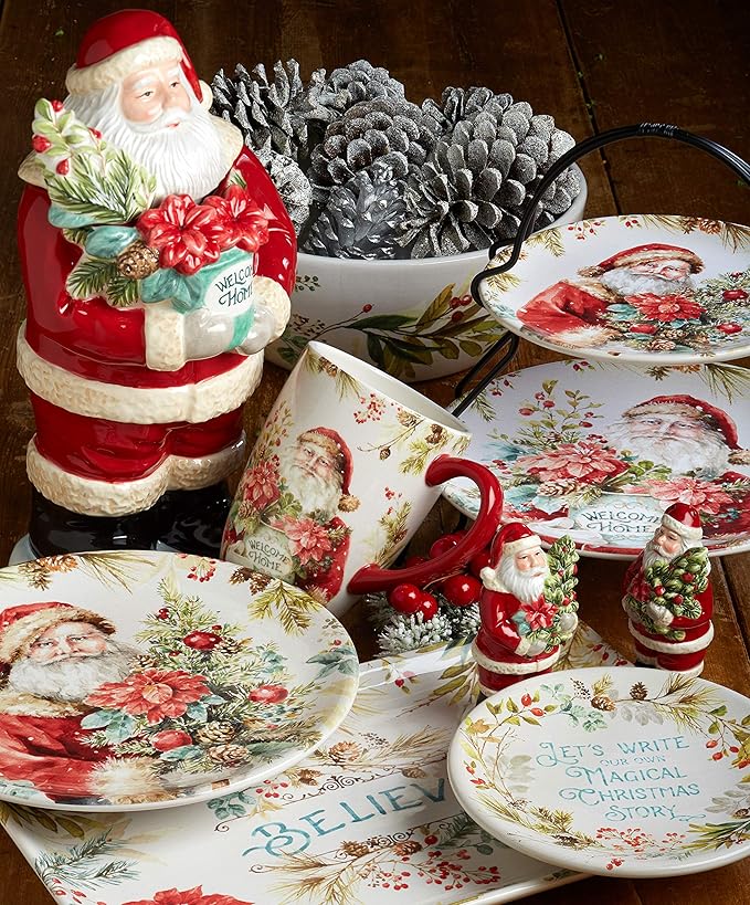 Christmas Story 16pc Dinnerware Set – Service for 4 with Santa Plates, Bowls & Mugs – Vintage Holiday Ceramic Set Featuring Festive Art, Red Accents & Seasonal Charm