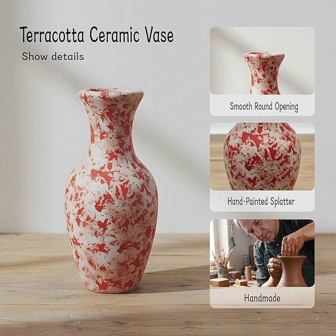 Small Terracotta Bud Vase (5.7"), Hand-Painted Red Ceramic Splatter Flower Vase for Single Stems, Rustic Clay Desk & Shelf Decor, Boho Vintage Accent Piece