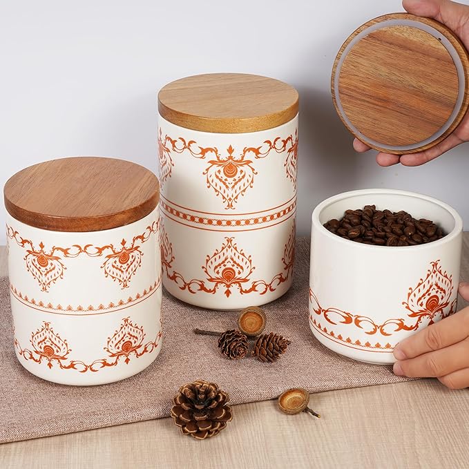 Sunddo Ceramic Canister Sets for Kitchen Counter with Airtight Wood Lids, Food Storage Jars for Coffee, Sugar, Tea Set of 3