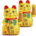Elsjoy 2 Pack Lucky Cat Beckoning Maneki Neko with Waving Arm, 7 Inch Gold Waving Cat Ceramic Beckoning Cat Ornament for Business, Gift, Home Decor (Battery Not Included)