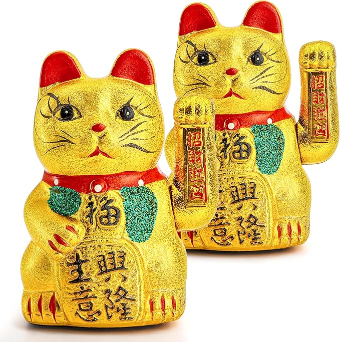 Elsjoy 2 Pack Lucky Cat Beckoning Maneki Neko with Waving Arm, 7 Inch Gold Waving Cat Ceramic Beckoning Cat Ornament for Business, Gift, Home Decor (Battery Not Included)