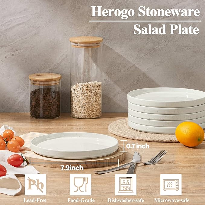 Herogo 7.9 Inch Dinner Plates Set of 6, Small Stoneware Dessert Plate Set, Microwave Safe Ceramic Dinnerware for Serving, Oven & Dishwasher Safe, Speckled White