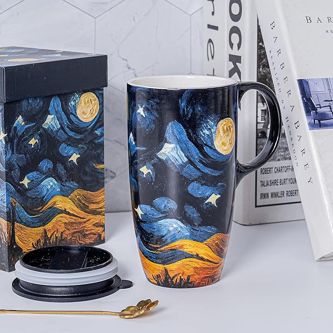 DUSVALLY Ceramic Tall Coffee Mug, Friends Coffee Cup Gift Set, Travel Mug with Lid for Office and Home, Porcelain Mug Unique Gifts for Women and Man, Moon Night, Color Box, 17 oz