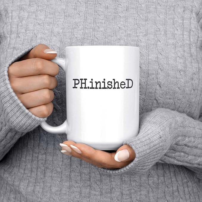 Artisan Owl PH.inished Funny PhD Graduation Mug - 15 oz Large Ceramic Coffee Cup Gifts for PhD Students, Researchers, and Doctoral Graduates