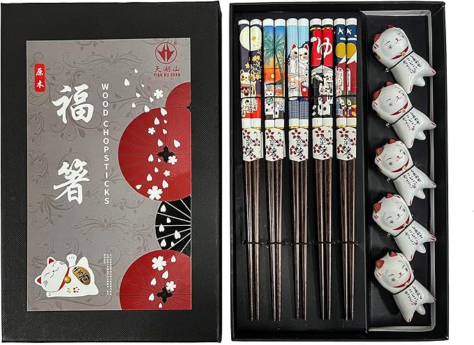 Wooden Chopsticks Reusable 5 Pairs Gift Set with 5pcs porcelain rest Lucky Cat Design Hand-Made 8.8 Inch/22.5cm