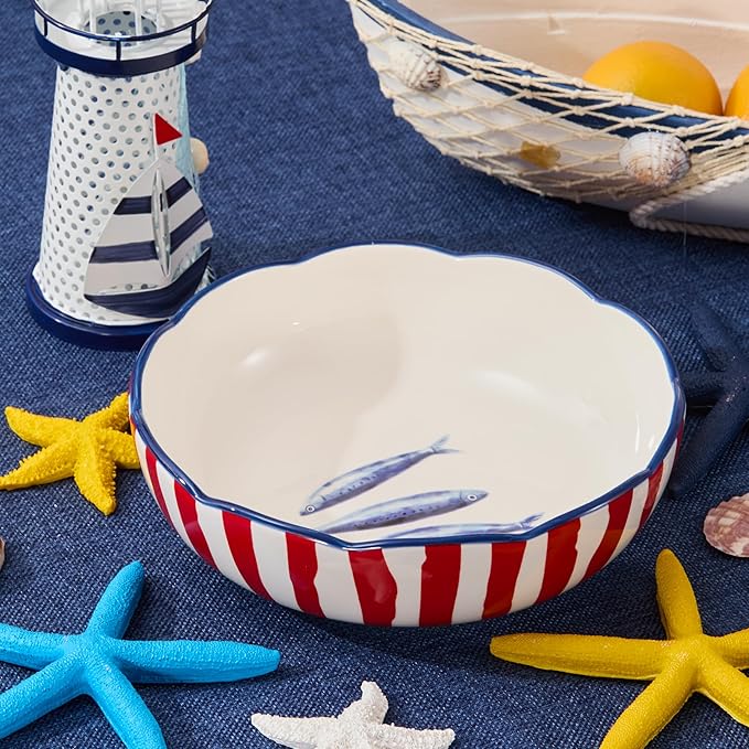 Bico Ocean Wonders Scalloped Pasta Bowls, 36oz Salad Bowl Set of 4, Large Ceramic Serving Dinner Bowls for Soup and Cereal, Microwave and Dishwasher Safe, Gift for Housewarming and Holiday