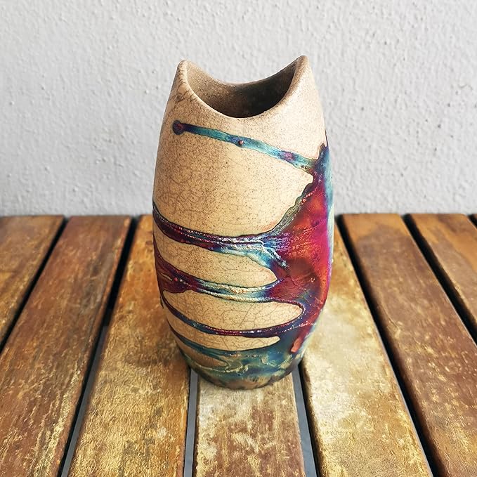 Koi 6.3 inch Handmade Ceramic Raku Vase - Modern Boho Rainbow Wall Art Handmade Home Decor Unique Minimalist - Half Copper Matte