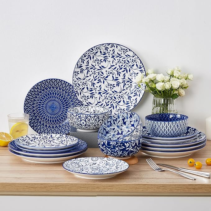 vancasso Ceramic Salad Plates Set of 6, Small Vintage 8.25 Inch Plate Set of 6 for Kitchen, Porcelain Blue and White Dessert Plates for Kitchen, Microwave Oven Dishwasher Safe, Vintage Gift