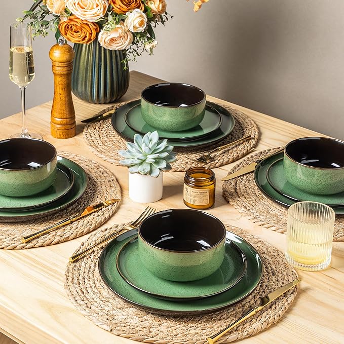 LERATIO Ceramic Dinnerware Sets for 4,Porcelain Plates and Bowls Sets,Handmade Reactive Glaze Dishes Set,Oven&Dishwasher & Microwave Safe,Service for 4