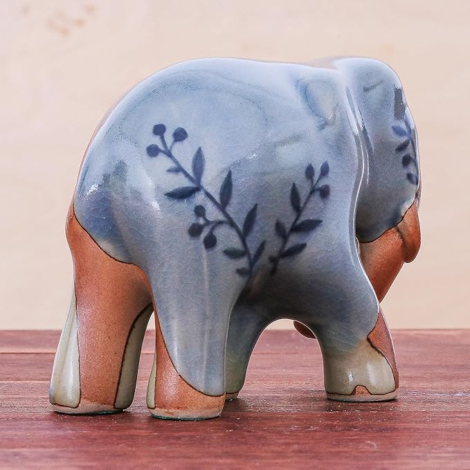NOVICA Artisan Handmade Celadon Ceramic Sculpture Painted Elephant Multicolor Thailand Leaf Tree [4.3in H x 5.25in W x 2.7in D] ' Walkabout'