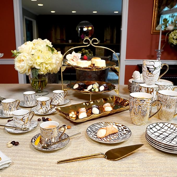 Matrix Gold Porcelain Espresso Cup & Saucer Set – 6 Assorted Modern Designs with Gold Plated Accents – Elegant Espresso Cups for Entertaining, Gift-Giving & Home Décor