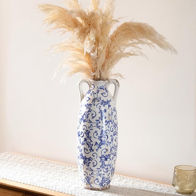 VICTOR & TERESA Blue and White Floor Vase for Pampas Grass, 14'' Tall Vase for Home Decor, Ceramic Farmhouse Decorative Large Vases for Flower, Mantel, Living Room, Shelf, Centerpieces, Gift for Her