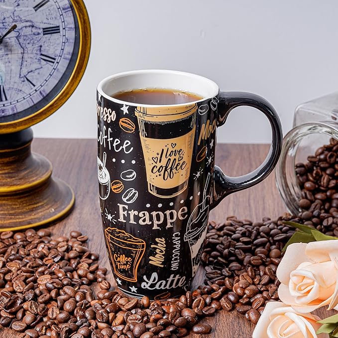 DUSVALLY Ceramic Coffee Mug, Travel Tea Mug for Car Cup Holder, Tall Tea Cup with Handle for Office and Home, Unique Gifts for Women and Man, 17 oz, Frappe