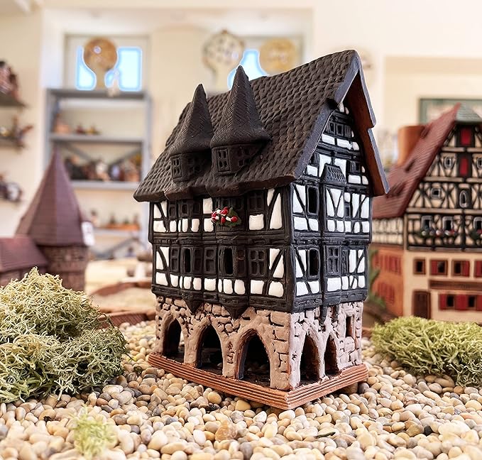 Ceramic Houses and Villages Collection - Handmade Miniature House of The Original Town Hall in Alsfeld, Germany. Cone Incense Holder Decor Collectible Mini Clay House