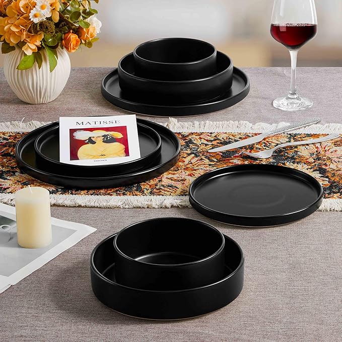 Herogo 7.9 Inch Dinner Plates Set of 6, Small Stoneware Dessert Plate Set, Microwave Safe Ceramic Dinnerware for Home Serving, Oven & Dishwasher Safe, Matte Black