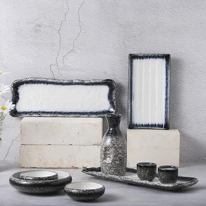 Uaral Japanese Sushi Plates Stoneware Sushi Plate Set Sushi Dish Set Sashimi Plates Rectangular Plate 12.5inch Set of 4, (Blue and White)