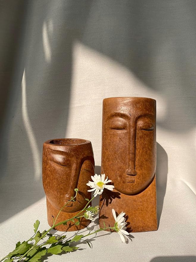 an Hana Ceramic Abstract Face Vases - Set of 2 Handmade Wabi Sabi Pottery, Unique Clay Sibling Statues for Modern Home Decor, Minimalist Shelf & Living Room Accents