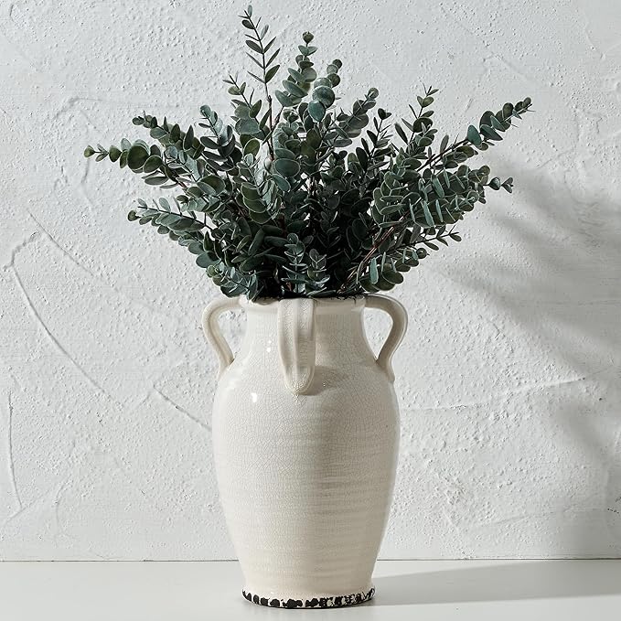 White Ceramic Vase with 4 Handles, 10.16" Tall Retro Ice Cracked Flower Vase, Antique Vases for Modern Farmhouse Home Decor, Wedding, Living Room, Table, Shelf Decor, Cracked White