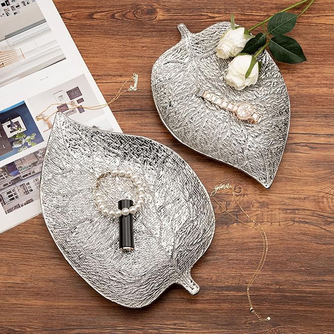 Oversized Leaf-Shaped Ceramic Jewelry Tray, 12.6" Large Decorative Tray Silver Vanity Trays for Rings, Necklaces, Keys, Gifts for Mom, Coffee Table Decor, Entryway Table Trays, 1 Pack