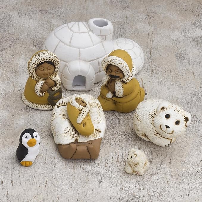 NOVICA Artisan Handmade Ceramic Nativity Scene Inuitthemed from Peru 8 Pcs White Brown Multicolor Sculpture Cultural Animal Christian Religious Bear [largest Piece 2in H x 3.7in W x 2in D Smallest Pi]