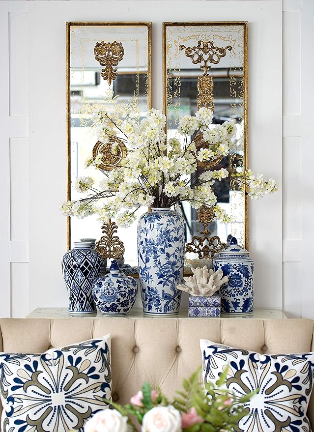 A&B Home 13" Porcelain Blue and White Tall Vase Hand Painted Glazed Ceramic Jar Home Decoration Asian Decor Centerpiece Urn