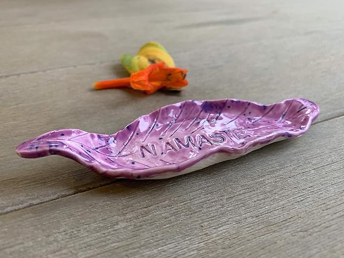 Purple Namaste Leaf Ring Dish, Handmade Ceramic Jewelry Plate, Inspirational Gifts for Her and Him -Stock Photo,Please Read Description