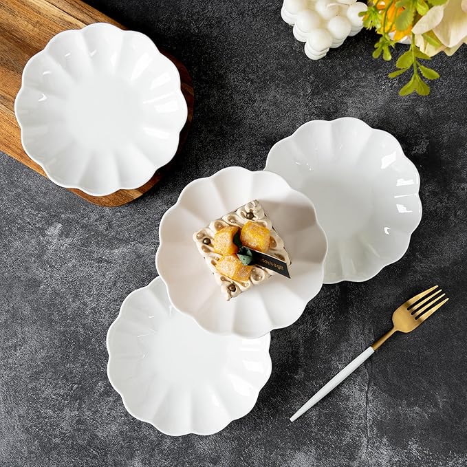White Small Dessert Plates Set of 4,Ceramic Dinner Plates 6 Inch for Appetizer, Fruits, Cake, Salad,Microwave Safe,Christmas Gift