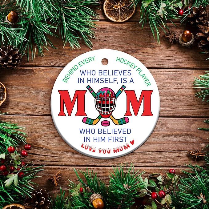 Ice Hockey Mom Ornament -Round Ceramic 3", Holiday Christmas Tree Decoration Keepsake, Hockey Mom from Son Daughter