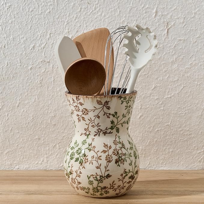 JIEMEI HOME Kitchen Utensil Holder for Countertop, 7.56" Ceramic Large Rustic Utensil Crock, Farmhouse Cooking Tool Organizer, Spatula Holder For Kitchen Decor, Green and Brown Floral