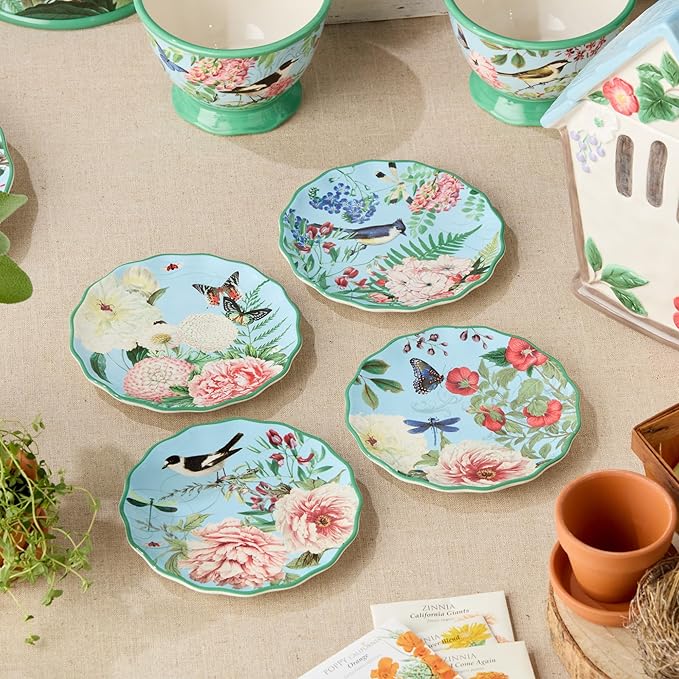 Flora Ceramic Canape Plate Set – 6-Inch Floral Appetizer Plates with Butterfly and Dragonfly Designs, Perfect for Snacks, Desserts, Hors D’oeuvres, and Entertaining