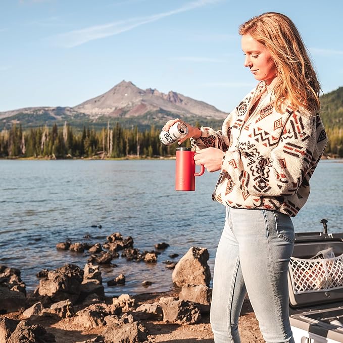 RTIC 16oz Road Trip Travel Mug with Lid and Handle, Ceramic Lined, Insulated, Stainless Steel, Metal, Double Wall Vacuum-Insulation, Portable Coffee, Tea Cup for Hot and Cold Drink, Flag Red