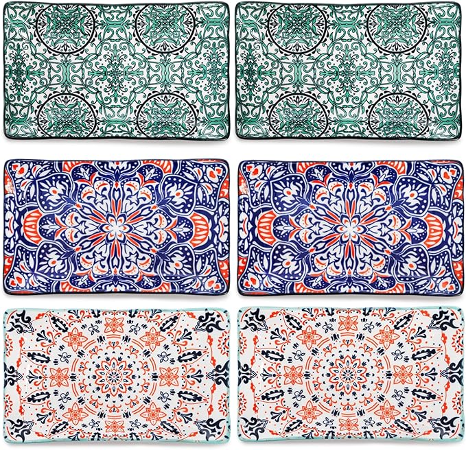 Goaste 6 Pack Ceramic Rectangular Dessert Plates, 8.5 Inch Colorful Salad Plates Set, Porcelain Serving Platter Trays for Appetizer, Sushi, Fruit, Cake, Microwave Oven Dishwasher Safe, Assorted Colors