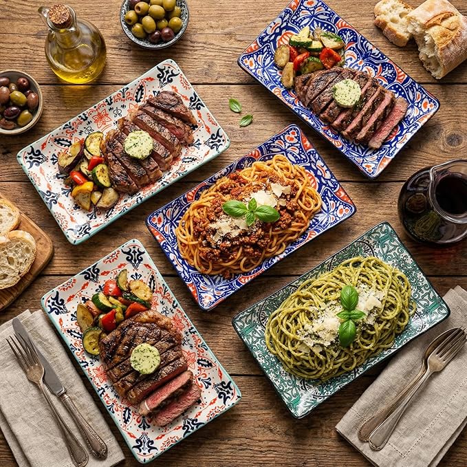 Goaste 6 Pack Ceramic Rectangular Dessert Plates, 8.5 Inch Colorful Salad Plates Set, Porcelain Serving Platter Trays for Appetizer, Sushi, Fruit, Cake, Microwave Oven Dishwasher Safe, Assorted Colors