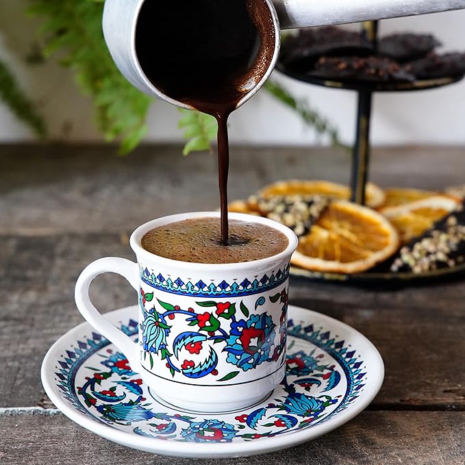 Turkish Coffee Cups Set of 2 with Saucers and Cup Holder, Ceramic Espresso Cups, Perfect for Serving Arabic Coffee – White & Blue Pattern