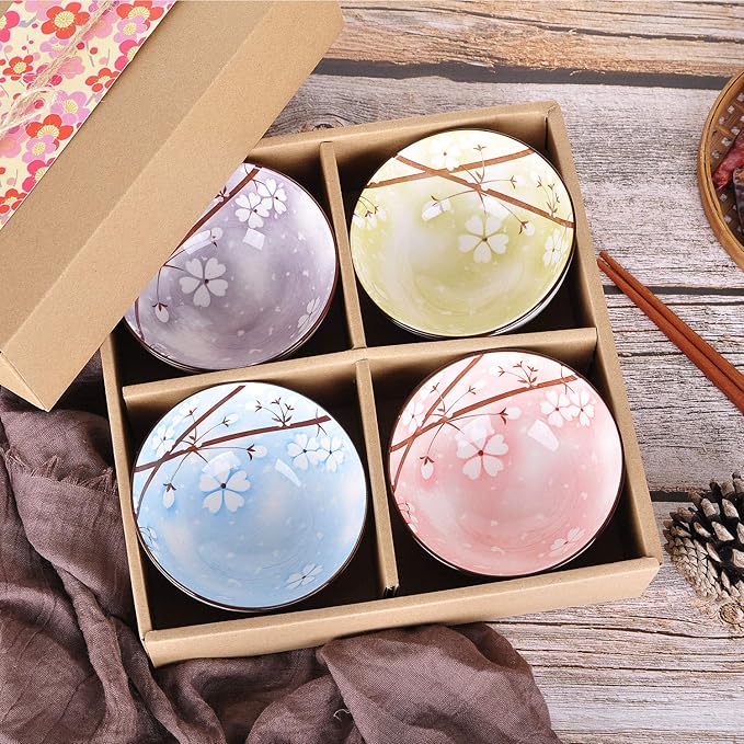 VanEnjoy Set of 4 Japanese Style Ceramic Rice Bowl with Gift Box,Assorted Phum Colors Flowers Pattern Bowls Set,Underglazed Dinnerware,For Dessert Snack Cereal Soup