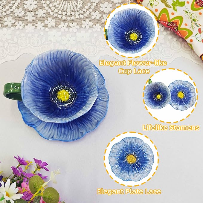 JUSONEY 10 oz Tea Cups and Saucers, Ceramic Flower-shaped Cappuccino Cup, Latte Cup and Saucer set, elegant floral Espresso Cup set, cups are microwave and dishwasher safe-Blue