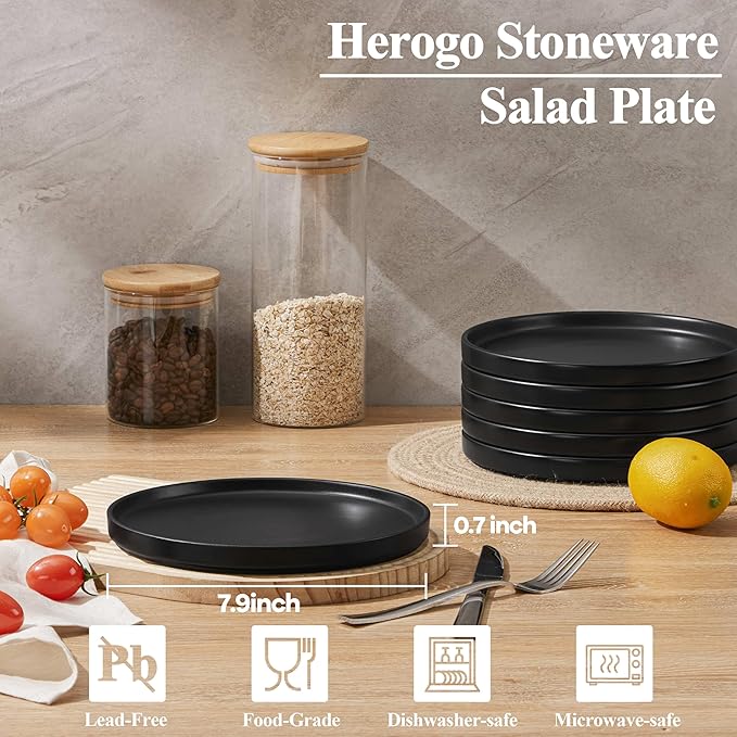 Herogo 7.9 Inch Dinner Plates Set of 6, Small Stoneware Dessert Plate Set, Microwave Safe Ceramic Dinnerware for Home Serving, Oven & Dishwasher Safe, Matte Black