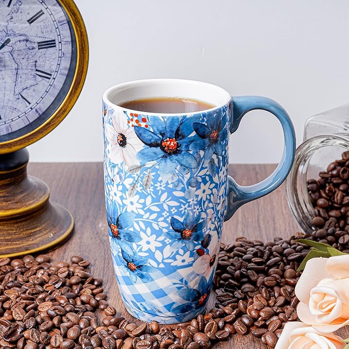 DUSVALLY Ceramic Tall Coffee Mug, Friends Coffee Cup Gift Set, Travel Mug with Lid for Office and Home, Unique Gifts for Women and Man, Flower Mug, Color Box, 17oz Large Cup, Blue