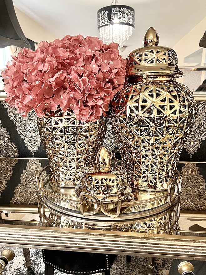 Noori Home - 100% Modern Glam Artisan Ceramic ARIA Small Gold Ginger Jar Urns with Lid 7.5x7.5x14.5