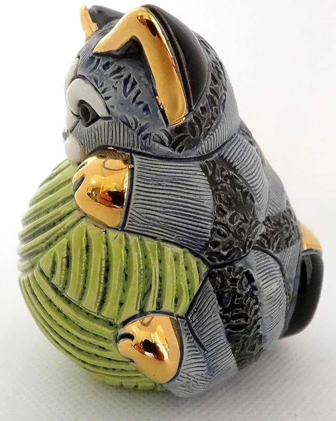 De Rosa Handmade Sculpted Ceramic Gray Striped Kitten w/Yarn Ball Family Collection