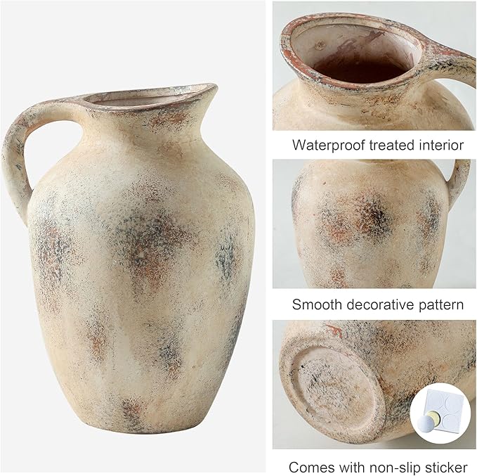 Vintage Pitcher Vase, 9.7 inch Handcrafted Decorative Ceramic Vase for Home, Dining Table, Bathroom, or Bookshelf Accents