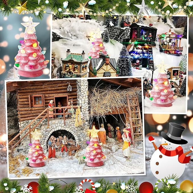 Leinuosen 6 Set Mini 4 Inch Ceramic Christmas Tree with Multicolored Lights Xmas Tree Hanging Light up Ornaments Pre Lit Hand Painted for Tabletop Home Office Table Holiday Decorations(Pink,Star)