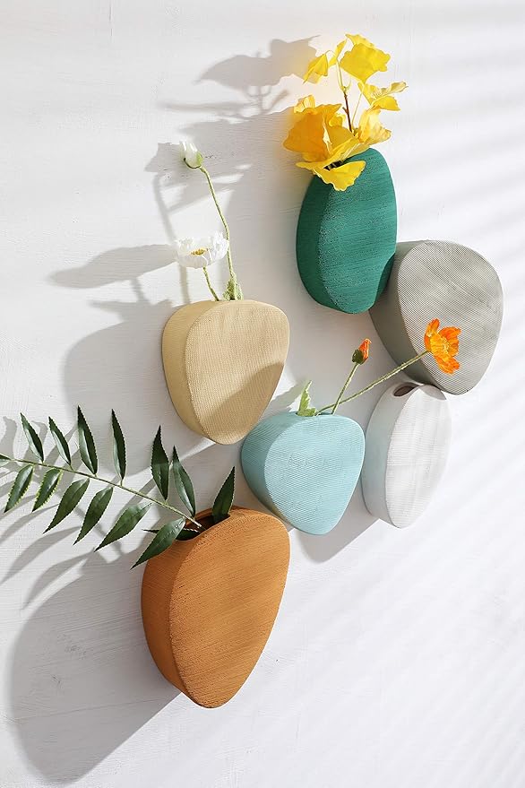 Purzest 6 Pcs Wall Succulent Planters, Ceramic Wall Mount Planter Holder, Decorative Hanging Plant Pots Flower Vase for Indoor, Outdoor (Modern Color）