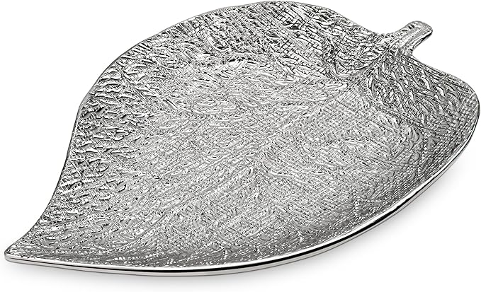 Oversized Leaf-Shaped Ceramic Jewelry Tray, 14.7" Extra Large Decorative Tray Silver Vanity Trays for Rings, Necklaces, Keys, Gifts for Mom, Coffee Table & Entryway Table Trays, 1 Pack