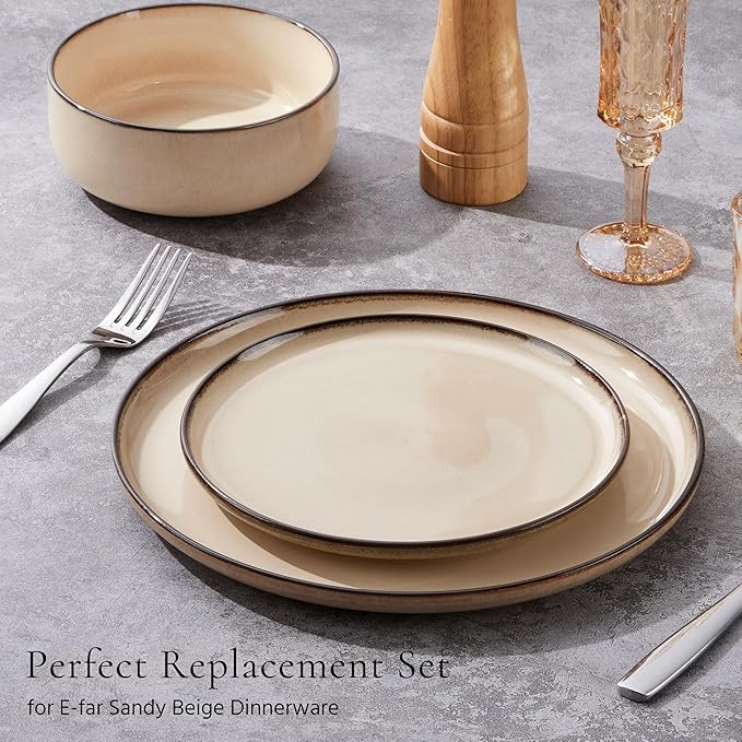 E-far 8” Ceramic Salad Plates Set of 6, Reactive Glaze Stoneware Dishes, Round Dessert Plate for Home Kitchen Restaurant, Microwave & Dishwasher Safe – Sandy Beige