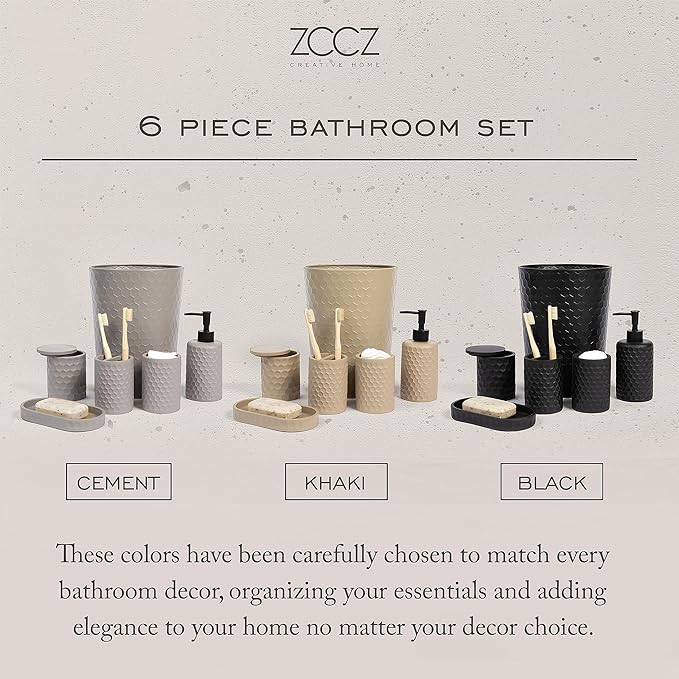 zccz 6 Piece Bathroom Accessories Set, Toothbrush Holder, Toothbrush Cup, Soap Dispenser,Bathroom Vanity Tray, Qtip Holder, Trash Can - Black