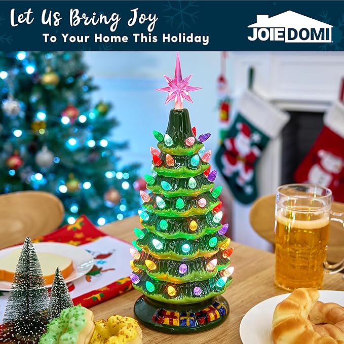 Joiedomi 15" Tabletop Prelit Ceramic Christmas Tree with 70 Multicolor Lights, Hand-Painted Ceramic Tabletop Christmas Tree with Extra Clear Top Star for Xmas Holiday Indoor Decorations